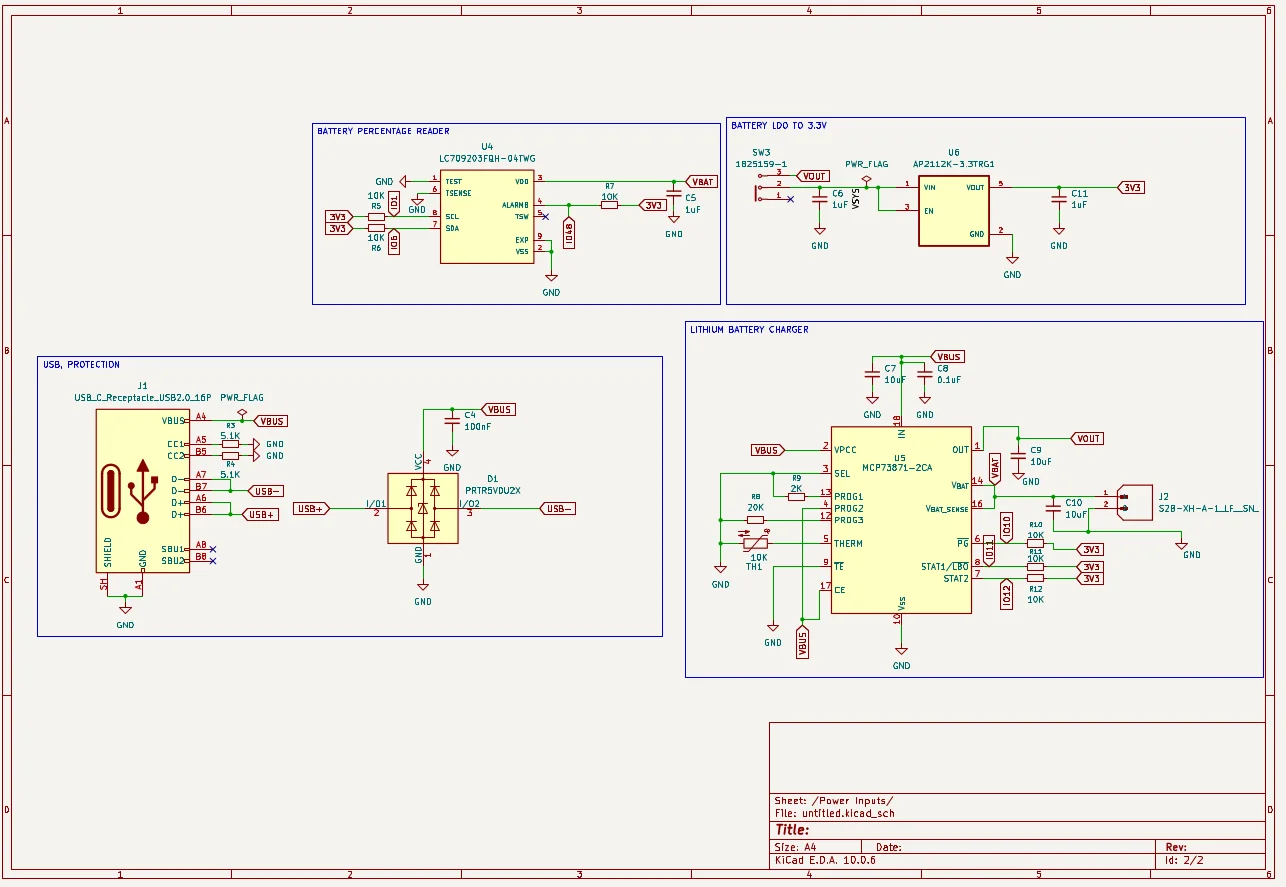 KiCad schematic — USB protection and MCP73871 Li-ion charger
